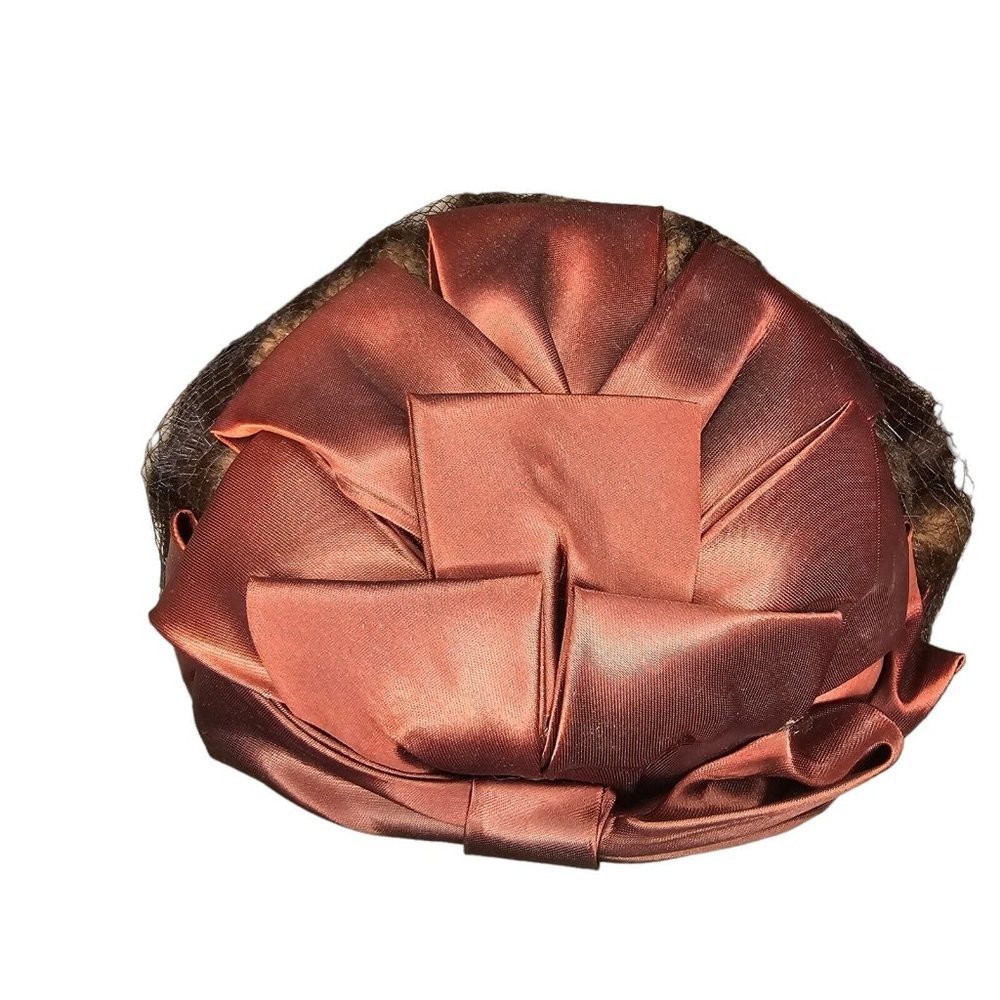 1950s Small Hat Brown Fur Fabric Bow Netting Rust Orange Organza Housewife - Picture 6 of 11
